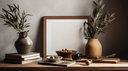 Obraz na płótnie Canvas Empty frame on the table with plants. Generative AI