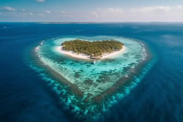 Aerial, Heart shaped island and coral reaf isolated in the open sea. Honeymoon vacation planning. Generative ai. High quality photo Generative AI - obrazy, fototapety, plakaty