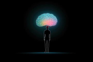 A single person stands proud illuminated by the light of an illuminating brain symbolizing the power of Psychology emotions concept. AI generation. Generative AI