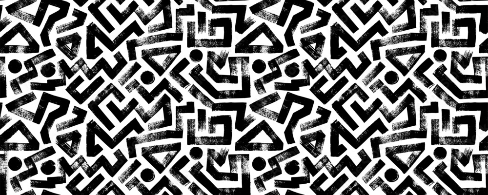 Aufkleber Grunge seamless pattern with zigzag lines, triangles and dots. Hand drawn bold geometric shapes. Modern stylish texture with labyrinth motif. Vector ink Illustration. Repeating geometric pattern. 
