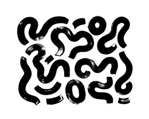 Bold curved lines elements isolated on white background. Brush drawn wavy bold lines with circles. Abstract curved strokes. Vector monochrome elements. Simple squiggle smears