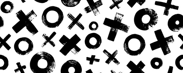 XOXO seamless pattern. Bold brush drawn crosses and circles banner. Abstract geometric background with tic tac toe. Grunge texture with symbols of zero and crosses. Black paint brush strokes. © Anastasiia Hevko