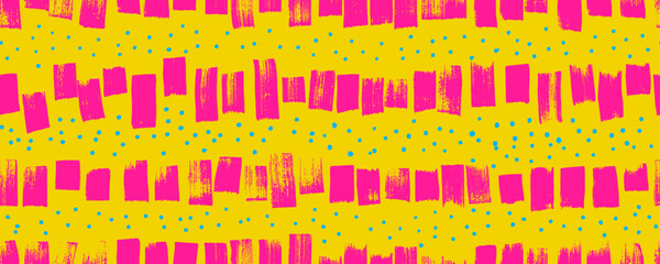 Colorful short lines and speckles seamless pattern. Brush drawn simple geometric bright color banner. Vector doodle style stripes. Abstract background with bold brush strokes. Regular lines with dots.