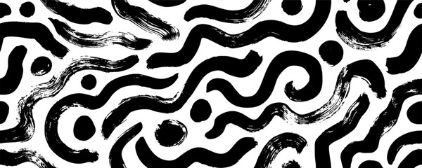 Doodle seamless pattern with bold lines and dots. Brush drawn curved strokes and swirls. Vector geometric wallpaper. Organic shapes and thick wavy lines. Grunge background in Memphis style.