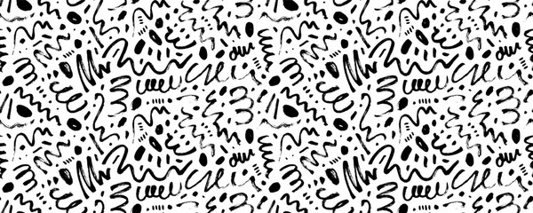 Brush curly lines seamless pattern. Pencil squiggles ornament. Scribble brush strokes vector background. Hand drawn marker scribbles, curved lines. Black pencil sketches. Squiggles and daubs. - obrazy, fototapety, plakaty