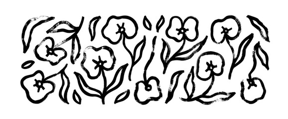 Brush drawn naive childish flowers, lilies or orchids. Bold brush strokes and lines. Trendy botanical elements isolated on white background. Abstract blossom on stems with leaves. Naive art.