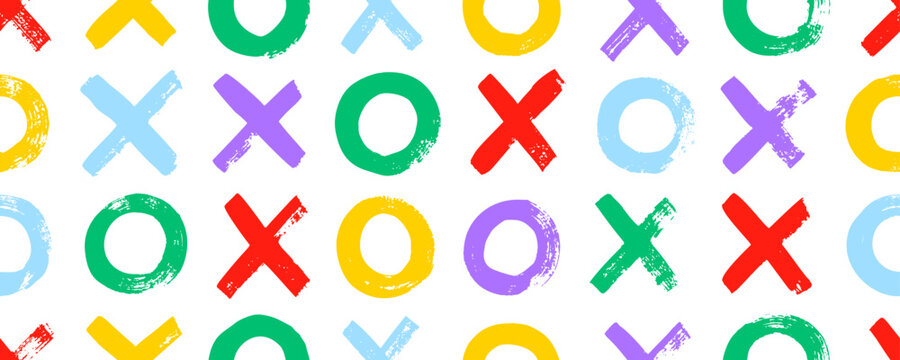 XO seamless pattern. Brush drawn color geometric shapes pattern. Tic-Tac-Toe game. Bold brush strokes, circles and crosses. Abstract colorful grunge background, horizontal vector banner. 