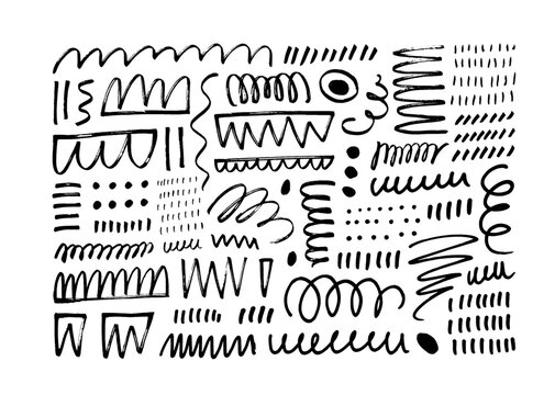 Hand drawn collection of underline strokes in brush doodle style. Vector scrawls elements, swashes, dots and curved lines. Abstract black vector lines and shapes. Chaotic black scribbles.