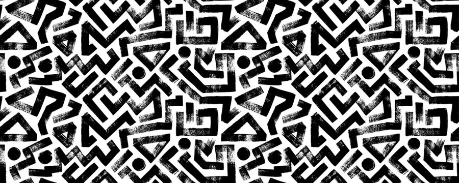 Grunge seamless pattern with zigzag lines, triangles and dots. Hand drawn bold geometric shapes. Modern stylish texture with labyrinth motif. Vector ink Illustration. Repeating geometric pattern. 