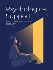a woman sits in the dark opposite the door light. Psychology and therapy flyer or poster design. Vector illustration