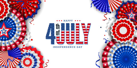 4th of July, USA Independence day banner. Paper fans in colors of the American flag with confetti and stars. Vector illustration.