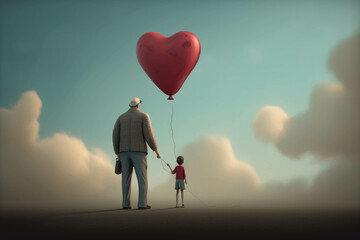 A heartshaped balloon drifting away with a disappointed looking father holding onto the string. Psychology emotions concept. AI generation. Generative AI