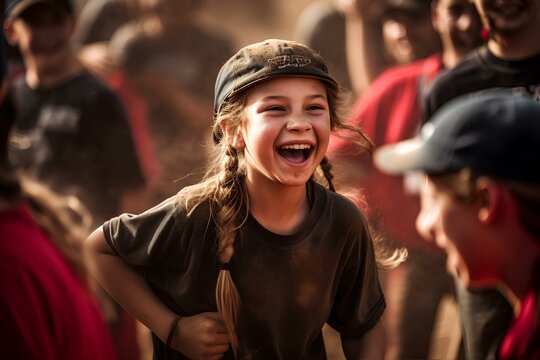 A Female Youth Baseball Player Surrounded By Fans In An Action Packed Moment. Generative AI