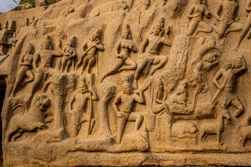 Exclusive Monolithic Rock Carved- Arjuna penance is UNESCO's World Heritage Site located at Mamallapuram or Mahabalipuram in Tamil Nadu, Great South India.