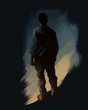 A person with their back turned walking away from the camera their shadow stretched out behind them representing Psychology emotions concept. AI generation. Generative AI