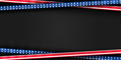 American banner background with the ribbon of star and stripe on black background. Copy space for your text. Symbol of independence and freedom.