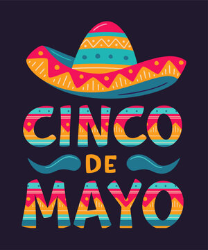Cinco de Mayo, May 5, federal holiday in Mexico. Fiesta vector banner design with sombrero and moustache on dark background. Lettering ornamental sign for poster, greeting card
