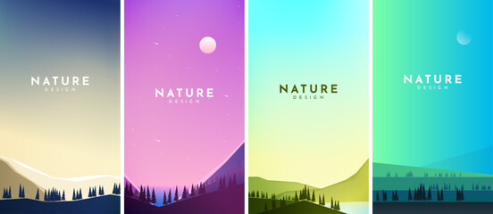 Vector illustration. Flat landscape collection. Clear gradient sky. Forest background with pine trees. Design elements for flyer, coupon, voucher, gift card. Nature phone wallpapers with empty space - Powered by Adobe