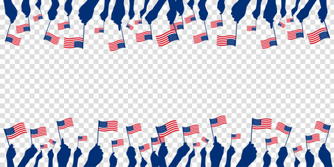 Diverse Group Of Patriots Hand Waving Small American Flag banner template on transparent background. Vector illustration.
