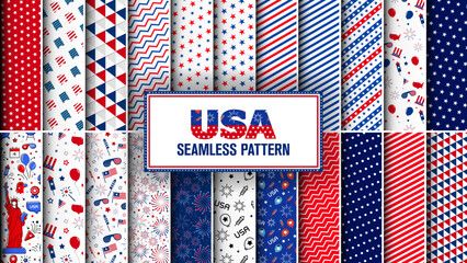 Collection of patriotic American red, blue seamless star and stripes patterns. Vector illustration.
