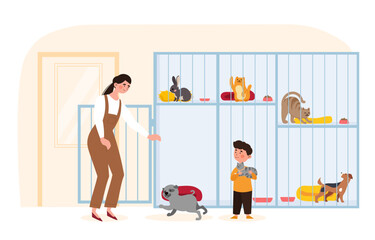 Obraz premium Adopting pet from animal pound. Woman with her son chooses pet. Cat, rabbit and dog in cages. Rehabilitation center for stray and homeless. Cartoon flat vector illustration