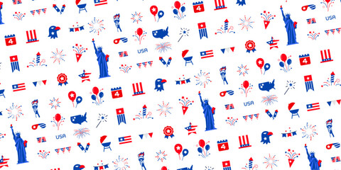 Fototapeta na wymiar Modern American seamless pattern, USA flag, the Statue of liberty, firework, us map, and many more. Vector illustration.