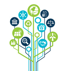 Banner ESG - Environmental, Social and Corporate Governance. Info banner calling to remember the involvement of this company in solving environmental, social and management problems with icons. Vector