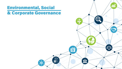 Banner ESG - Environmental, Social and Corporate Governance. Info banner calling to remember the involvement of this company in solving environmental, social and management problems with icons. Vector - obrazy, fototapety, plakaty