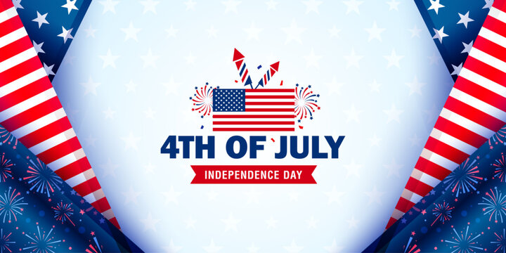Happy 4th of July United States Independence Day celebration banner with american pattern block and greeting lettering text design. Vector illustration.
