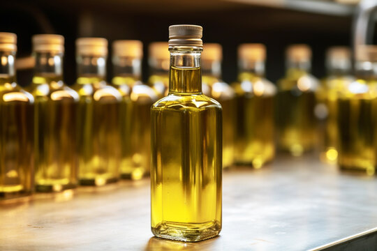 Olive oil in a glass bottle on a shelf in a store. Olive oil bottle. Olive Oil Production and Extraction Process. Ai generative illustration.
