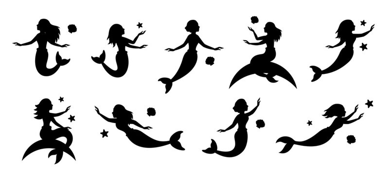 Mermaid silhouettes. Funny mermaid in different poses. Little creatures with tails. Mythical tale character in water black symbol. Beautiful siren
