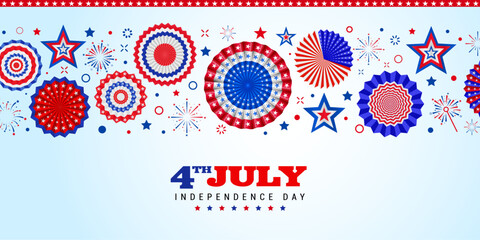 4th of July, USA Independence Day vector banner template. sky blue background with paper stars, paper fan in USA flag colors. Material design for greeting cards, flyer layout, poster.