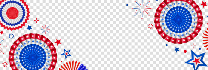 4th of July, USA Independence Day vector banner template. Transparent background with paper stars, and paper fan in USA flag colors. Material design for greeting cards, flyer layout, and posters.
