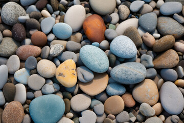 Fototapeta na wymiar Many small colorful stones from beach, background, texture, Generative AI
