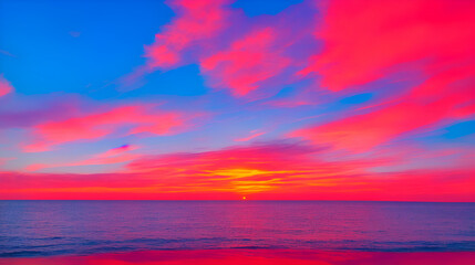 Obraz premium Um pôr do sol colorido sobre o oceano com um céu azul e nuvens cor de rosa. Gerada por IA