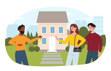 Realtor selling property concept. Happy young family buys house or apartment. Mortage, debt and rent. Man and woman receive keys to part property from sales agent