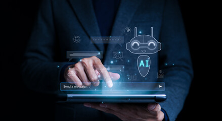 Businessman use AI to help work, AI Learning and Artificial Intelligence. Business, modern technology, internet and networking concept. AI technology in everyday life. intelligent automation, ChatGPT,