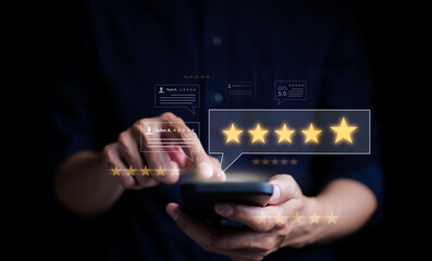Fototapeta Customer review satisfaction feedback survey concept. User give rating to service excellent experience on mobile phone application, Client evaluate quality of service reputation ranking of business. obraz