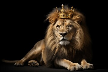 Plakat Regal lion poses majestically in a king's robe and crown. Generative AI