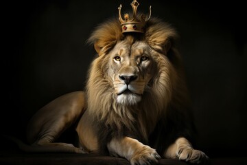 Fototapeta na wymiar Regal lion poses majestically in a king's robe and crown. Generative AI