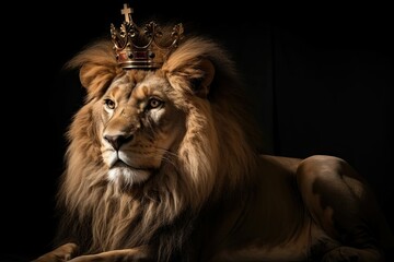 Regal lion poses majestically in a king's robe and crown. Generative AI