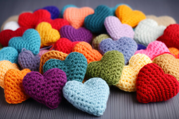 Fototapeta na wymiar Many small colorful hearts made of wool on gray background, Generative AI