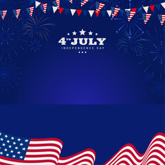 United States of America 4th of July independence day sale, discount, product display banner with American waving flag and bunting of USA, vector illustration.