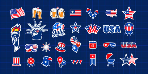 Big set of vector American stickers. Elements of united states. The collection includes usa flag, 4th July, star, barbecue, balloons, fireworks, etc. Icon, sign, symbol, label vector illustration.  - obrazy, fototapety, plakaty