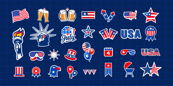Big set of vector American stickers. Elements of united states. The collection includes usa flag, 4th July, star, barbecue, balloons, fireworks, etc. Icon, sign, symbol, label vector illustration. 