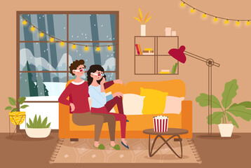 Watching movies in living room. Man and woman sitting in 3d glasses and eating popcorn. Evening rest and entertainment, couple spending time together indoor. Cartoon flat vector illustration