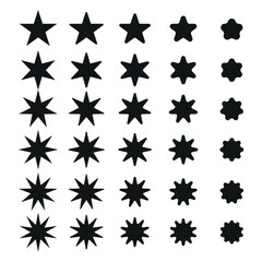 Collection of isolated monochrome vector signs. Black stars, crosses and flowers on white background.