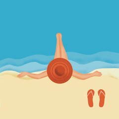Female relax on sea sand beach travel. Summer seaside blue ocean scenic view background. Holiday vacation sea tourist travel leisure trip illustration