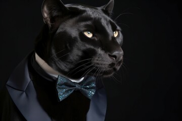 Sleek panther poses in a tuxedo, looking sharp and stylish. Generative AI