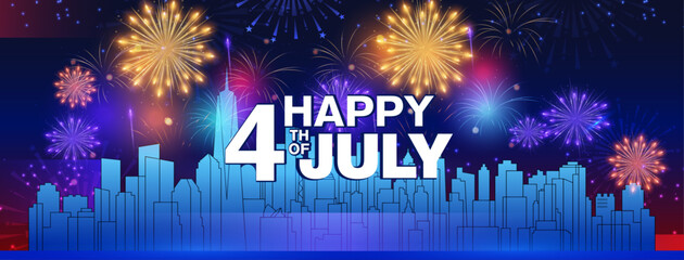 United States of America 4th of July celebration banner design with fireworks and the new york skyline. Vector illustration. 